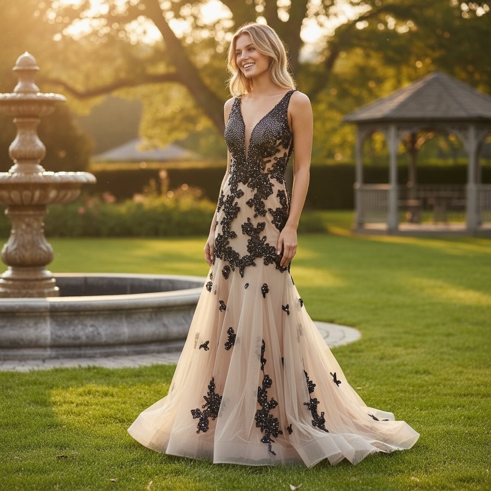 Nude and black gown mesh low cut front prom dress - Picture 1 of 15